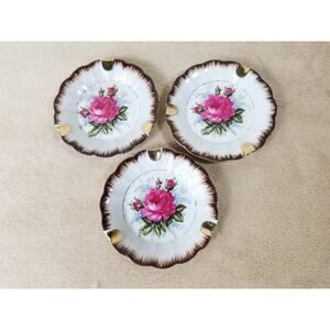 Candy Dish Nut Dishes Ashtray Rose Plate Gold Trim 4 1/4" Porcelain 80s Japan x3
